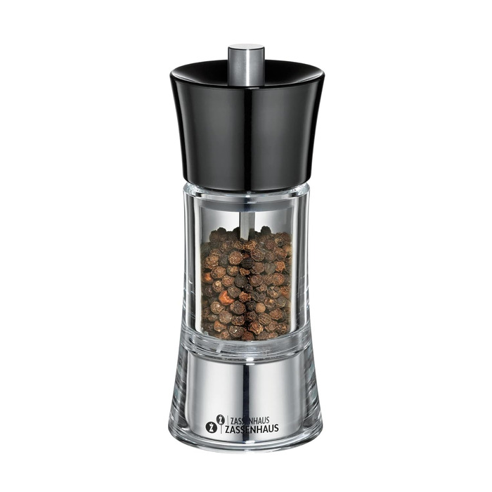 Регульований помел від дрібного до грубого, Керамічна шліфувальна машина Zassenhaus Зроблено в Німеччині , Ручний млин для перцю , Вже наповнений , Акрил чорний