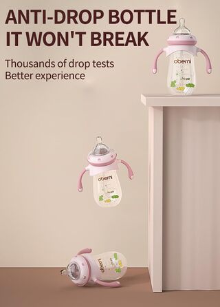 Пляшечки дитячі 270мл з соскою NaturalWave для новонароджених від 12 місяців, антиколікова пляшечка для молока з обтяженою соломинкою без повітря, ручки, (рожеві, 3 шт.)