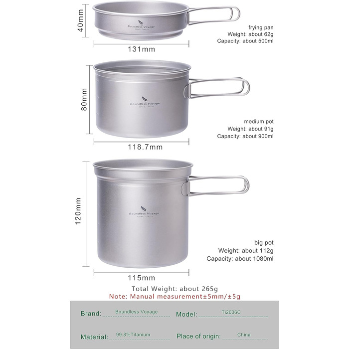Набор посуды для кемпинга Boundless Voyage Набор титановых кастрюль со складной ручкой Уличная посуда Кастрюли Сковороды Сковорода Посуда для пикника (Ti1587B)