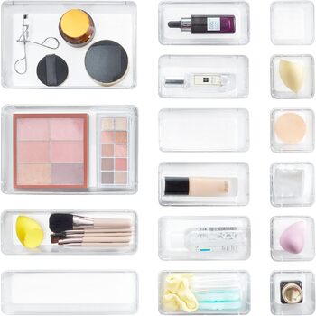 Органайзер для шухляд Lifewit 16 предметів з 4 розмірами, система організації туалетного столика, прозорий пластиковий макіяж / ванна кімната / ящик, настільні лотки для кухні, ювелірних виробів, спальні, офісу 4 розміри (16 шт. ) Прозорий