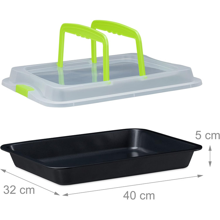 Деко для випікання з кришкою Relaxdays, ящик для транспортування тортів 3-в-1, ШxГ 40,5x32,5 см, високий бортик, прямокутне деко для тортів, (зелене)