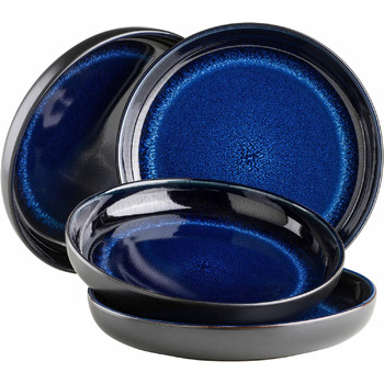 Сучасний набір для 4 осіб у захоплюючому вінтажному образі, великі плоскі обідні тарілки з кераміки, керамограніту, сірого/чорного кольору (супові тарілки, синій/чорний)