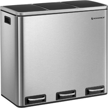 Кухонний контейнер для сміття SONGMICS, 3 x 18 л, система розділення сміття з 3 відділеннями, включаючи 15 мішків для сміття, відро для сміття, відро для сміття на педалі, для перероблених відходів, органічних відходів, з кришкою, LTB54BK (сріблястий мета