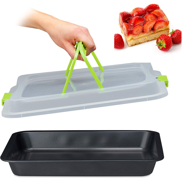 Деко для випікання з кришкою Relaxdays, ящик для транспортування тортів 3-в-1, ШxГ 40,5x32,5 см, високий бортик, прямокутне деко для тортів, (зелене)