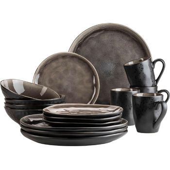 Серія Niara Organic, сучасний набір посуду для 4 осіб у захоплюючому вінтажному образі, комбінований сервіз із 16 предметів зі спеціальним поєднанням глазурі чорного та коричневого кольорів, керамограніт, 934073