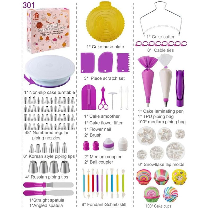 Набір аксесуарів для торта Nifogo, 301 предмет, аксесуари для випічки, аксесуари для декорування тортів з обертовою підставкою, кондитерський мішок, кондитерські насадки, шпатель для початківців (B-фіолетовий)