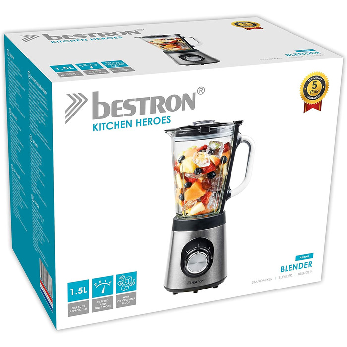 Блендер Bestron, з двома режимами швидкості та імпульсною функцією, контейнер можна мити в посудомийній машині, 500 Вт, 1,5 літра, колір (сріблястий)