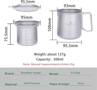 Мл Титановий чайник 120 мл і 180 мл Набір чашок з фільтром і кришкою Одношарова кавова кружка Садовий пікнік Набір чайників Портативний легкий туристичний посуд для кемпінгу на відкритому повітрі Ti3127D (Кружка 500 мл з фільтром і кришкою тільки Ti3125D-