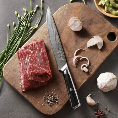 Ніж для хліба Sunnecko 20 см із зазубреним краєм, дамаський ніж для хліба, гострий кухонний ніж з лезом з дамаської сталі, ніж для різання хліба з ручкою G10