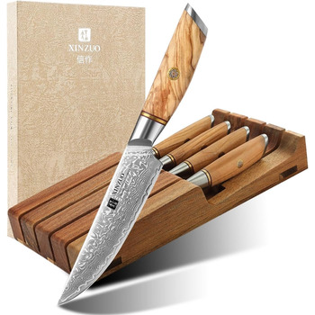Набір із 4 ножів для стейку з дамаської сталі 13 см з дерев'яним блоком XINZUO