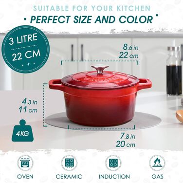 Чавунна сковорода Vancasso, чавунна каструля з кришкою, емальоване покриття Ø 5 л, індукційна каструля, каструля, чавунна сковорода для всіх типів плит, підходить для індукції, кругла, кремово-біла, 5 л біла (червона, 22 см)