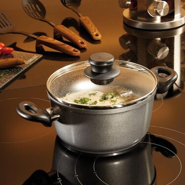 Лита алюмінієва каструля STONELINE XXL, велика каструля з кришкою, 7 л, антипригарне покриття зі справжніми кам&39яними частинками, каструля для індукції, підходить для всіх типів плит, духовки, приготування без жиру та олії, сіра (20 см)