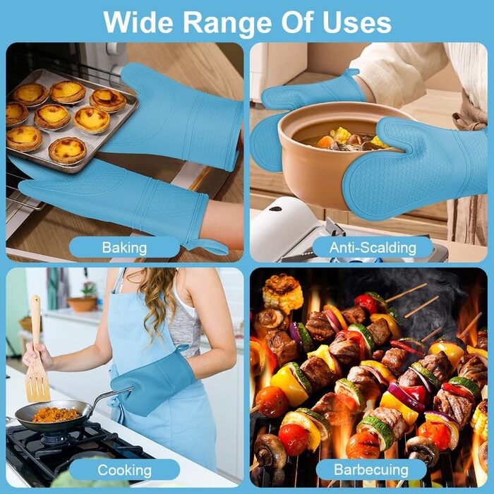 Набір рукавичок для духовки AUAUY, 1 пара силіконових рукавичок для духовки з 2 тримачами для каструль, нековзні кулінарні рукавички, термостійкі рукавички для духовки, рукавички для кухні, приготування їжі, випічки, гриля, барбекю (сині)