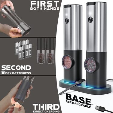 Млин для солі та перцю електричний з базою, що заряджається, 2 предмети, чорний/металік Littneo