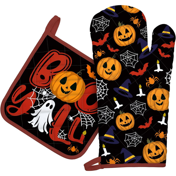 Набір з 2 кухонних рукавичок та тримачів для каструль Arquiel Gnome Autumn Orange Checked, 100 бавовняні кулінарні рукавички, термостійкі кухонні рукавички для приготування їжі, осінній декор, подарунки на кухню для жінок (Хелловін, духовка тримач для кас