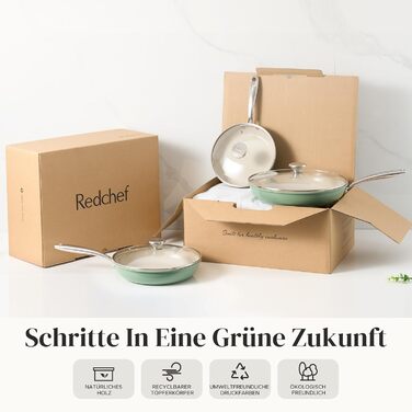 Набор индукционных сковородок со стеклянными крышками, 6 предметов 20, 24, 28 см, зеленый Redchef