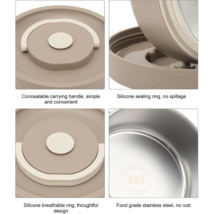 Термоконтейнер Tissting з ручкою, контейнер для гарячого обіду на 420 мл, коробка для обіду Bento, двошаровий портативний термоконтейнер круглої форми з нержавіючої сталі 304 (придатний для мікрохвильової печі коричневий)