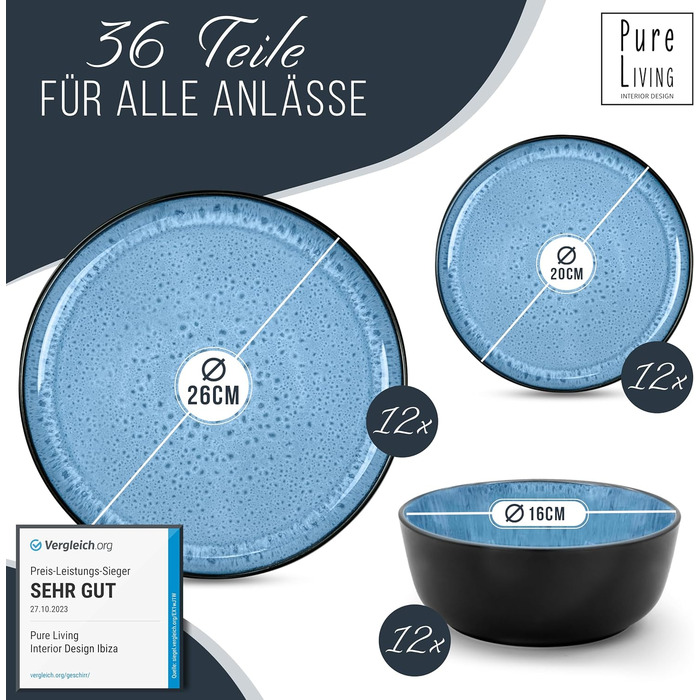 Керамогранітна глибока тарілка ТЕСТ ДУЖЕ ХОРОШИЙ Серія Ibiza Тарілки для макаронів Noble, тарілки для супу Deep стильні тарілки для пасти 6 персон - Набір посуду 6 персон, обідні тарілки, набір посуду Black With (набір із 36 предметів, темно-синій), 6 шт.