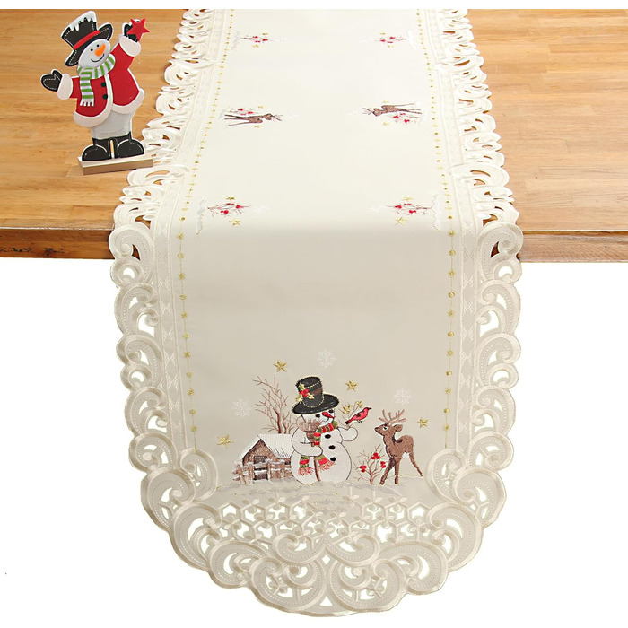 Різдвяна скатертина/доріжка HanaQi зі сніговиком та оленями, зимовий пейзаж з ажурною вишивкою, поліестер, колір екрю/крем - розмір на вибір (приблизно 38 x 108 см, овальна) (170 x 43 см (овальна))