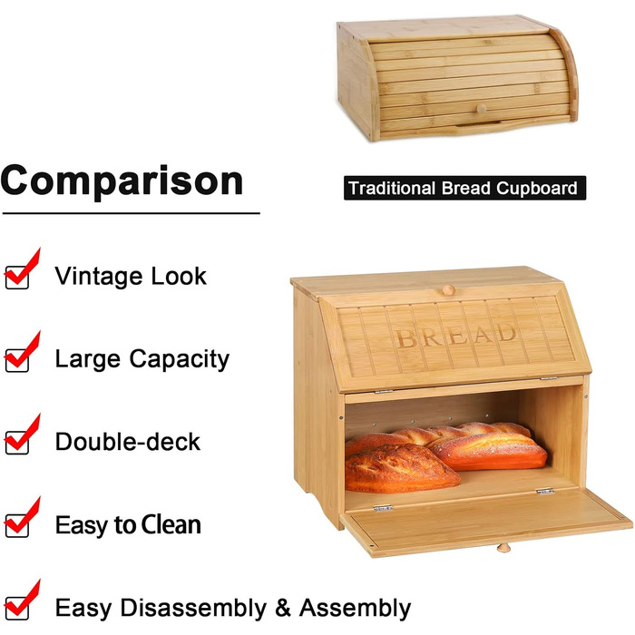 Хлібниця Leader Accessories з бамбука, 2-ярусна, для безпечного зберігання хліба, легкий догляд, 39x25x32 см, чорна (39x25x32 см/15,3&39x9,8&39x12,6&39) (Вінтажна (39x25x32 см/15,3&39x9,8&39x12,6&39))