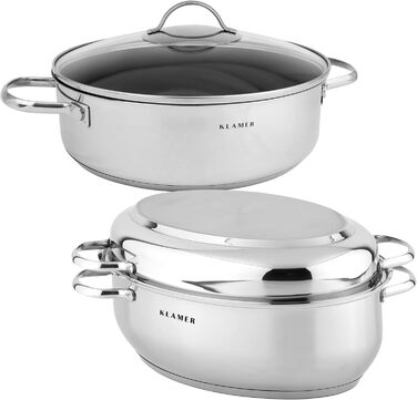 Жаровня KLAMER з кришкою 41 см, безпечна для духовки, 8,5 л Жаровня XXL з кришкою, з каструлею з кришкою 4 л, для всіх типів плит, включаючи індукційну, жаровня з нержавіючої сталі