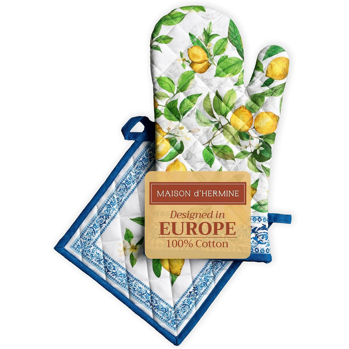 Рукавички для духовки Maison d&39 Hermine, Прихватки для каструль, 100 бавовна, термостійкі кухонні рукавички, рукавички для духовки (19 x 33 см) та прихватки для каструль (20 x 20 см) для приготування їжі, Morzine - Рукавички для духовки (19 x 33 см) та 