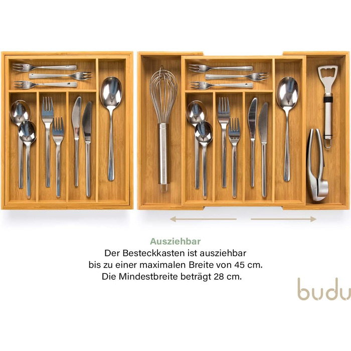 Лоток для столових приборів budu 47 (глибина 47 см) виготовлений з - Органайзер для кухонних шухляд - Висувний - Органайзер для кухонних шухляд (33,5 см, бамбук)