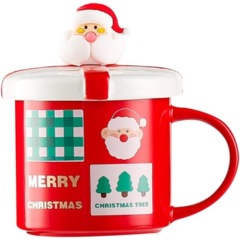 Різдвяний кухоль 400 мл з кришкою та ложкою, червоний з принтом Санта Клауса SuperglockT