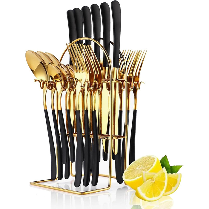 Набір столових приборів на 6 осіб, 24 предмети з тримачем, чорно-золотистий Wekity