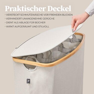 Ящик для белья Hennez 150 л - Корзина для белья 3 отделения - Крышка - Сортировщик белья с мешком для белья - Корзины для белья - бежевый бамбук - Контейнер для белья - Система сортировки белья - Сборник для белья 4) 150л Бежевый