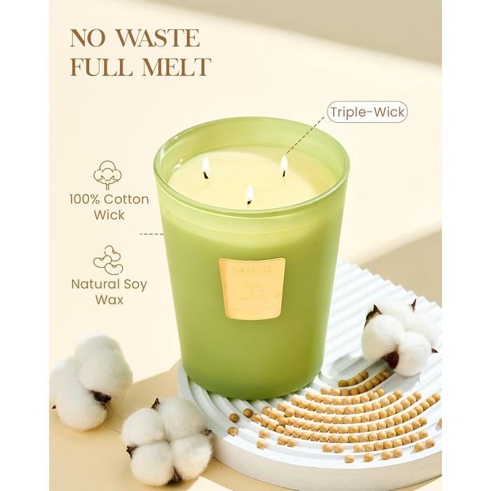 Ароматична свічка M&SENSE надзвичайно велика, час горіння 150 годин, натуральна ароматерапевтична свічка з 3 гнітами, сильний аромат, тривале горіння, подарункова свічка та прикраса для дому, подарунки для жінок (990 г, базилік-імбир)