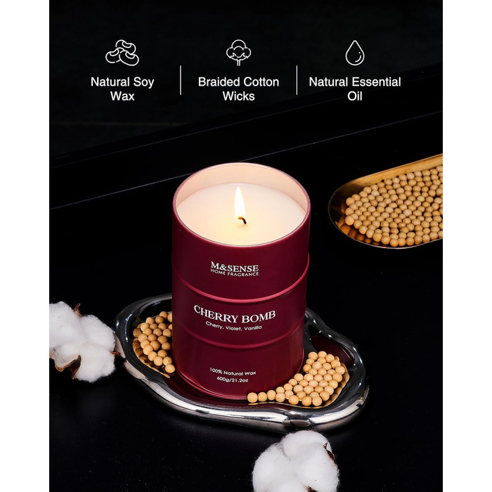 Ароматичні свічки M&SENSE з натурального соєвого воску, натуральна соєва свічка для домашнього декору, тривалий час горіння до 70 годин, класні подарунки-свічки для чоловіків і жінок (600 г, вишнева бомба)