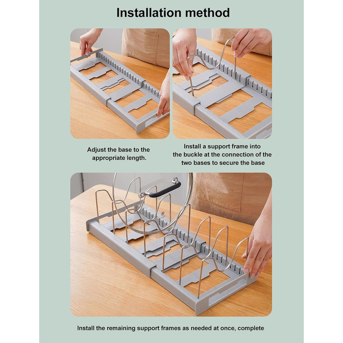 Розширюваний органайзер для каструль, органайзер для каструль та сковорідок, нековзний, регульований розмір, багатоцільовий органайзер для каструль у шафі з 7 тримачами для кухонь, офісів, ресторанів (сірий)