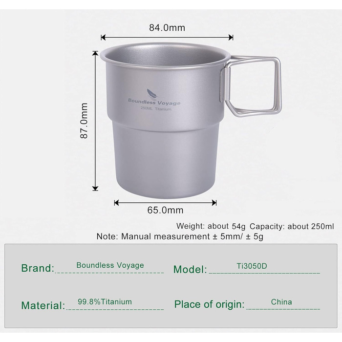 Титановая кофейная кружка Boundless Voyage 250 мл Пивная кружка для кемпинга на открытом воздухе, пеших прогулок, пикника, приготовления пищи на открытом огне Ti3050D (без крышки) (Ti3050D-без крышки)
