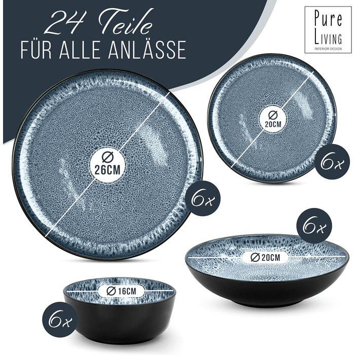 Набір посуду з керамограніту на 6 персон, 24 предмети, чорний/димчасто-синій Ibiza Pure Living