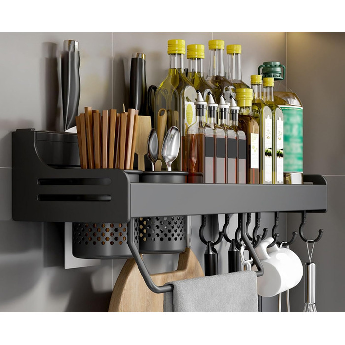 Підвісна підставка для спецій з металу, міцна кухонна полиця, настінна підставка для спецій, органайзер для спецій, кухонний органайзер, підставка для спецій з тримачем для рушників, Daojai, гачки та тримач для столових приборів, сіра, (50 см, чорна)