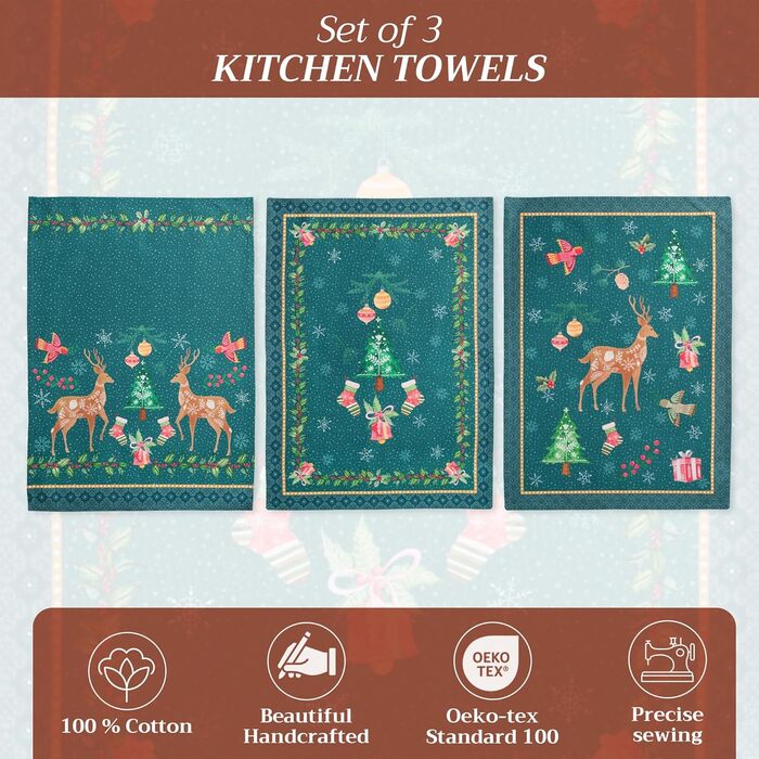 Набір з 3 багатоцільових кухонних рушників Maison d&39 Hermine Rural Christmas, 100 бавовна Барні рушники День подяки/Різдво (50 см x 70 см) (Червоний, Сріблясто-сірий)