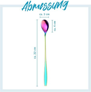 Набір ложок GRWE для лате макіато, золотистий, 6 предметів, 22 см, довгі ложки, ложки для коктейлів, десертні ложки, ложки для морозива, ложки для кави з льодом, нержавіюча сталь, можна мити в посудомийній машині (райдужний)