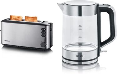 Стеклянный чайник SEVERIN с обемом наполнения 1,7 л XXL, мощный и компактный чайник в высококачественном дизайне, электрический чайник с фильтром известкового налета, 2200 Вт, стекло из нержавеющей стали, WK 3420 (в комплекте с автоматическим тостером с д