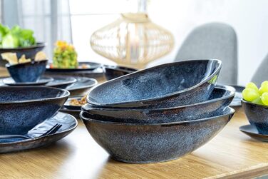 СПІВАЧКА Тарілка для пасти Токіо 4 шт., Тарілка для спагетті 4 персони, Набір посуду з кераміки Макарони, Тарілка з локшиною Можна мити в посудомийній машині, Миска для макаронів ручної роботи, Миска для макаронів синьо-чорна з коричневими вставками Набір