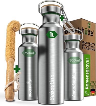 Ізольована пляшка преміум-класу з нержавіючої сталі I 1 л I зі щіткою з натуральної щетини I Герметична ізольована пляшка I Ізольована пляшка, яку можна мити в посудомийній машині для університету, офісу I Без BPA (нержавіюча сталь назва)