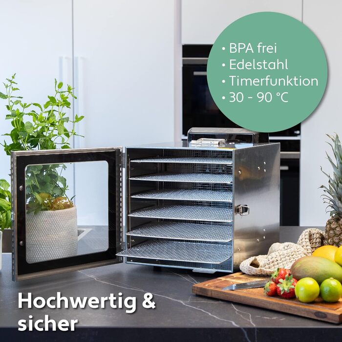 Дегидратор из нержавеющей стали - Дегидратор с регулятором температуры (35-75C) для сушки фруктов, грибов и мяса - Сушилка 650 Вт с функцией таймера 24 часа - Дегидратор Food Vita5 (6 слоев S, серебристый)