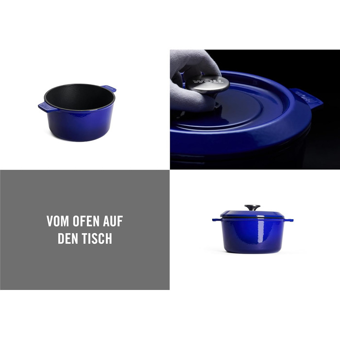 Чавунна каструля Ø 24 см, синього кольору з кришкою та силіконовими ручками Емальований чавун, підходить для індукції та духовки для всіх типів плит Ø 24 см, висота 11 см, 4,2 літра (кобальтово-синій, Ø 16 см, висота 8 см, 1,3 літра)
