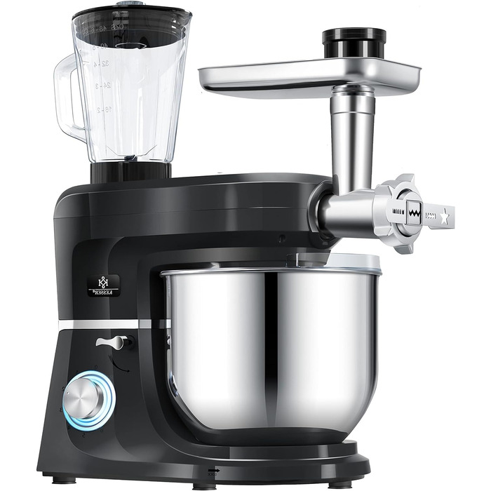 Універсальний кухонний комбайн KESSER 3 в 1 K-KM 3000 з м'ясорубкою Тістомісильна машина Багатофункціональний міксер Чаша 5,5 л з 3 інструментами для перемішування, соковижималка 1,5 л, набір ковбас, форми для пасти та печива Black Black