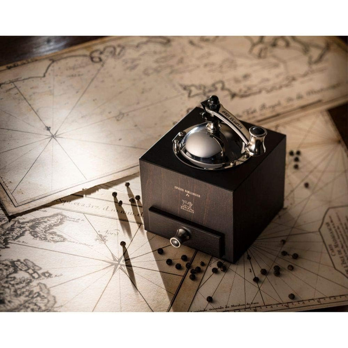 Млин для перцю Roellinger 13 см - Натхненний традиційною кривошипно-шатунною фрезою Peugeot з шухлядою - Виготовлений з деревини, сертифікованої PEFC - Шоколадні кольори