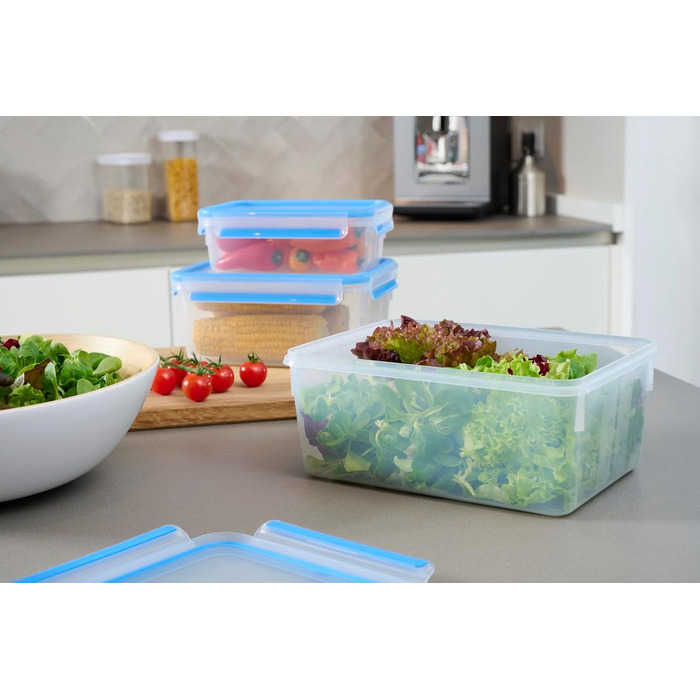 Набір контейнерів для зберігання продуктів EMSA Clip & Close, прямокутні, 5 x 0,8 л, коробки для зберігання, 100 герметичні, придатні для миття в посудомийній машині, морозильної камери та мікрохвильової печі, прозорі, сині, зроблені в Німеччині, N10307 (