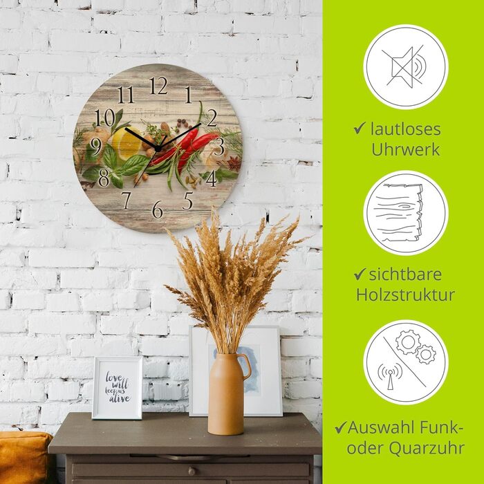 Настінний декор ARTLAND настінний годинник дерев&39яний без цокання безшумний круглий Ø 30 см кухонний годинник кава капучино круасан T5XO Капучино та круасан (трави та спеції, кварцовий годинник)