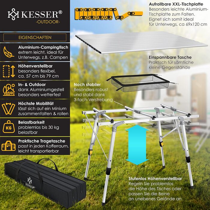 Стол для кемпинга KESSER складной стол с алюминиевой рамой Откидной стол на колесах Откидной стол Регулировка высоты, включая сумку для переноски с ремнем для переноски 90 x 53 см - до 30 кг, (120 см x 70 см, серебристый)