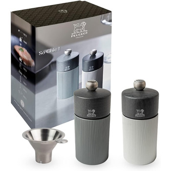 Подарунковий набір Line - Млин для перцю Млин для солі 12 см Лійка для спецій - Класичне регулювання помелу - Алюміній Деревина, сертифікована PEFC - Duo Line Carbon