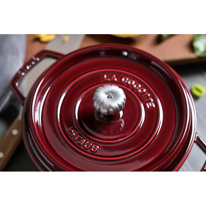 Чавунна жаровня/кокотниця STAUB, кругла 8,35 л, функція Ароматичний дощ для оптимального зволоження, для всіх типів варильних поверхонь, включаючи індукційні та духові шафи, (Гренадін, 26 см)